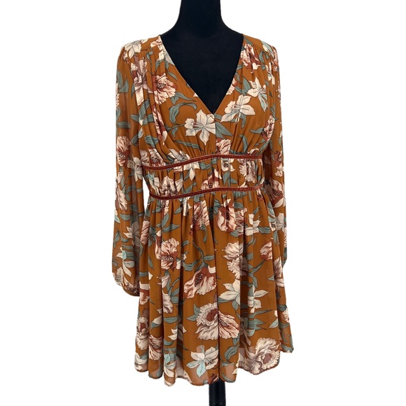 Entro Tan V-Neck Pleated Floral Dress Size Large - Picture 1 of 13